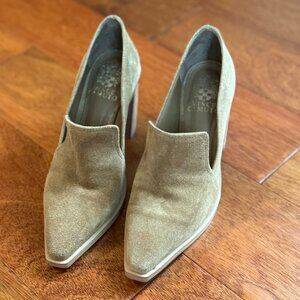 Vince Camuto Size US 6, Squared Pointed Toe, 3.5 inch, Medium Tan Suede Heels